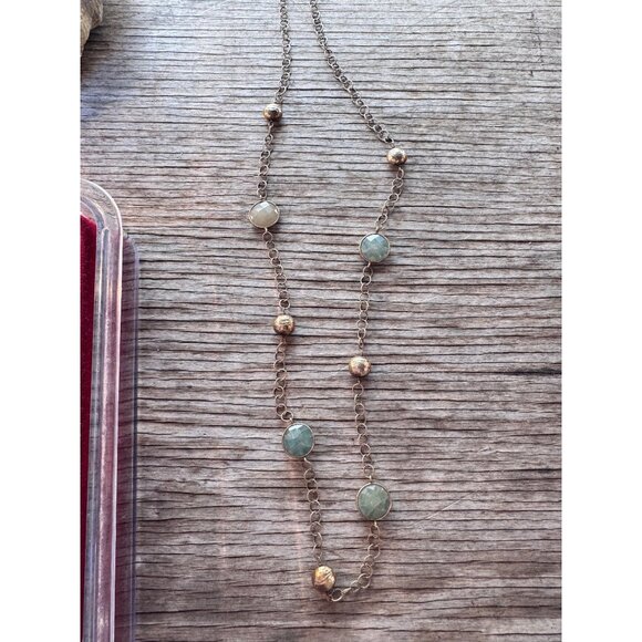 AV 925 Jewelry - AV 925 Sterling Silver Station Necklace Green Aventurine Bezel Set Two Tone Bead
